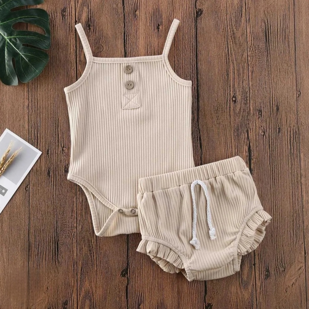 Baby Girl Boy Ribbed Two-Piece Set Beige Bodysuit Ruffle Bloomer Neutral Outfit